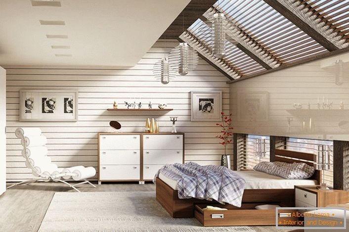 Спаваћа соба на поткровљу у скандинавском стилу украшена је модуларним намештајем.