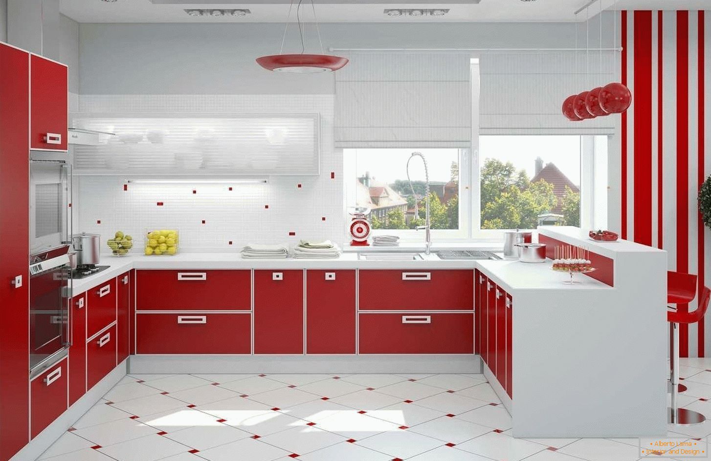 Црвено-бела унутрашња кухиња