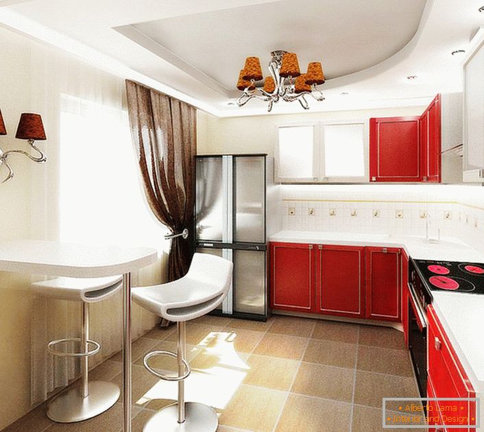 Дизајн пројекат кухиње у обичном стану у Москви. Комбинација боја контраста, функционални намештај, не оптерећени намештајем, лаконично осветљење - индикатори беспрекорног стила власника стана.
