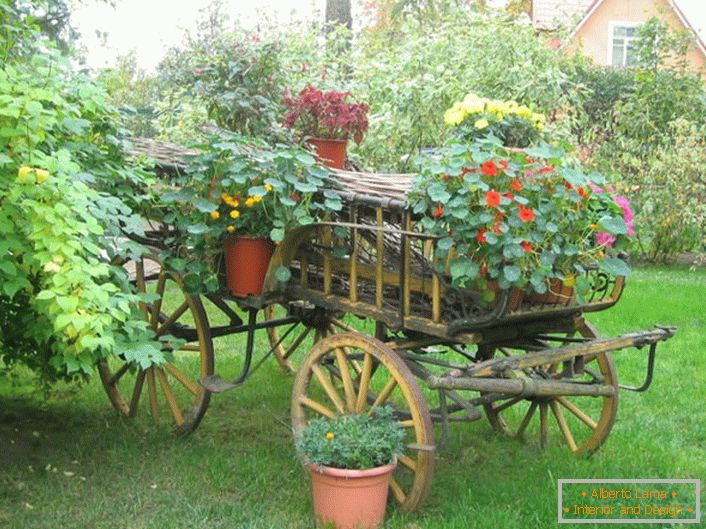 Оригинални цветни кревет у стилу земље може се направити из старе колица или непотребног бицикла.
