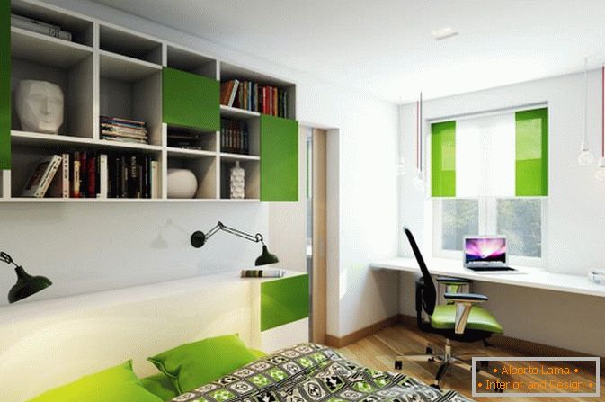 Зелени акценти у спаваћој соби у малом студијском стану у Русији