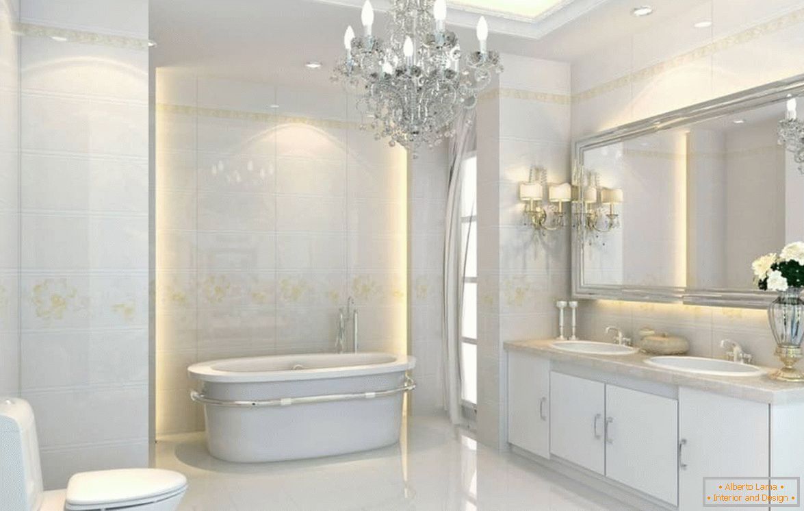 Дизајн купатила у бијелој боји у неокласичном стилу