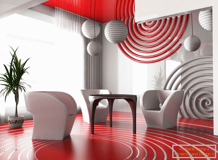 Трпезарија у авантгардном стилу. Комбинација светле црвене боје с неутралним сивом изгледа добитно.