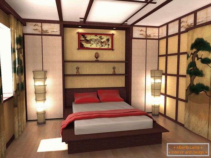 Дизајн пројекат спаваће собе у стилу јапанског минимализма је рад дипломира на московском универзитету. Компетентна комбинација свих детаља композиције чини стилску и оријенталну спаваћу собу у пречишћењу.