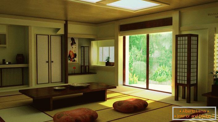 О присуству јапанског минимализма у дневној соби у једној сеоској кући говори прави намештај. Ниска столица је идеална за чишћење кућног чаја. 