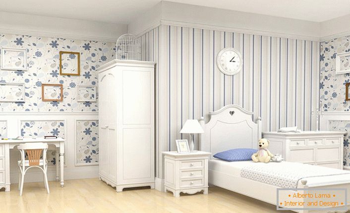 Пространа соба у стилу земље за дете. Елегантан модеран намештај у рустикалном стилу украшен је празним оквирима - креативним дизајном.