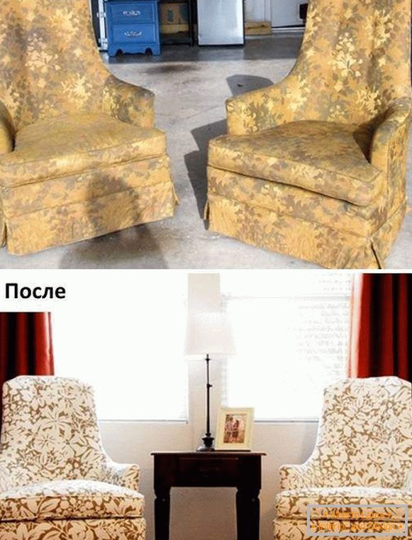 Поправка тапацираног намештаја - фотографија фотеље пре и после