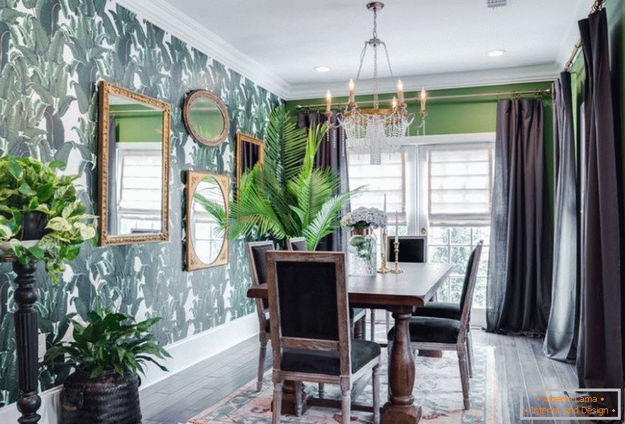 Зелени зидови и сиве завесе у декору собе