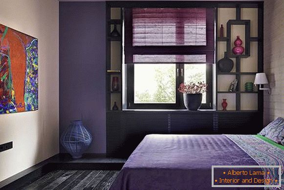 Спаваћа соба у љубичастој - дизајн фотографије са тамним дрветом