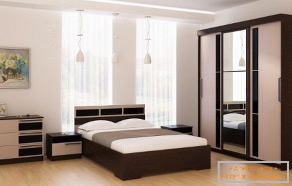 Модеран дизајн гардеробе одељка у спаваћој соби - две боје и огледало