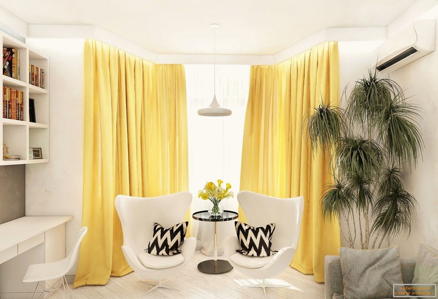 Жуте завесе у белој дневној соби