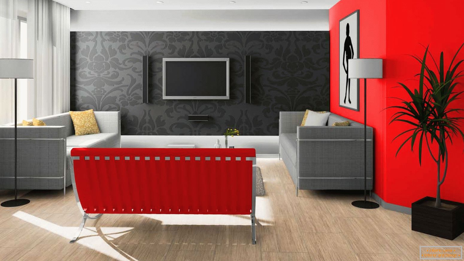 Црно и црвено у дизајну дневне собе