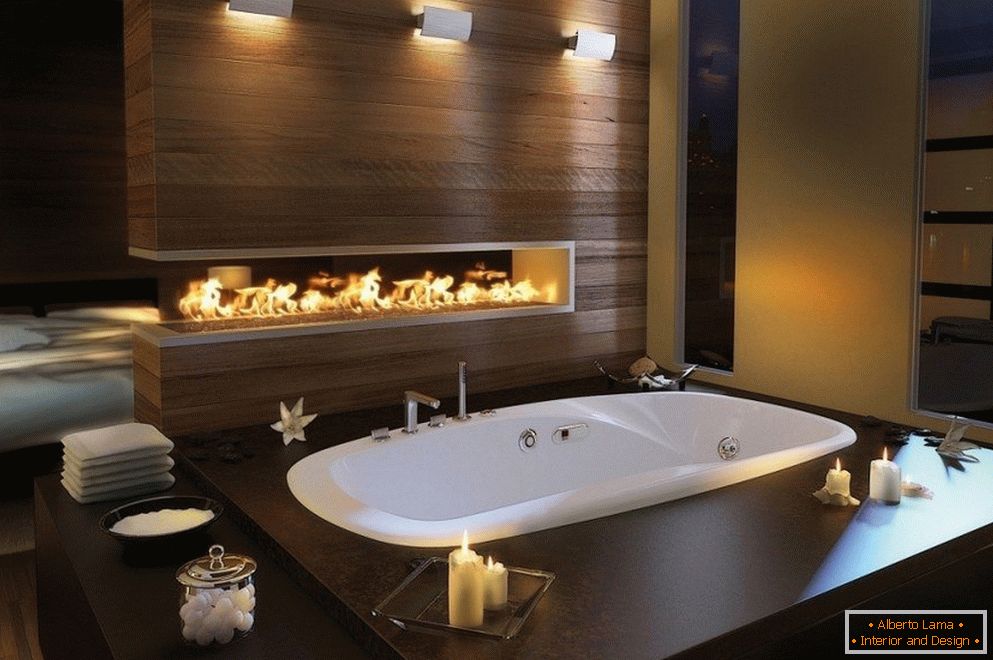 Модеран дизајн купатила са камином