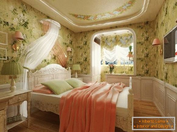 Комбинација боја у унутрашњости спаваће собе Провенце - завесе и тапете