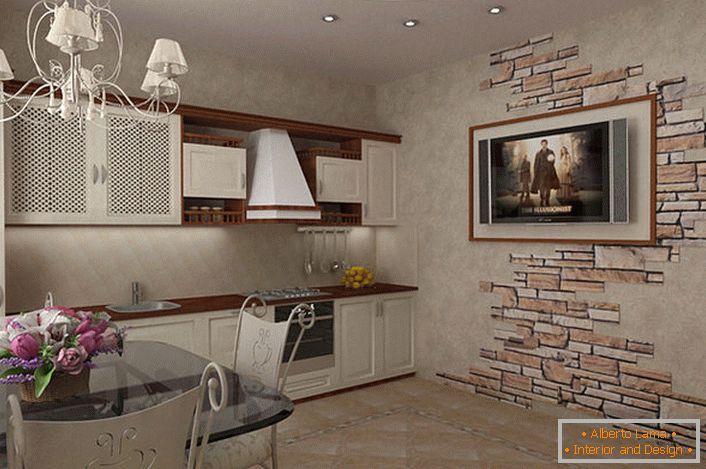 Дизајн пројекат за дизајн мале кухиње у стилу земље. Светле боје намештаја у контрасту тамно смеђем тепиху и полице за вјешање чине кухињу визуелно пространијом. Занимљиво је и декорисање зида помоћу природног камена.