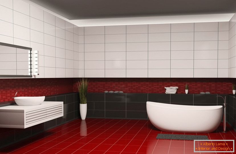 Црвене, црне и бијеле плочице у дизајну купатила