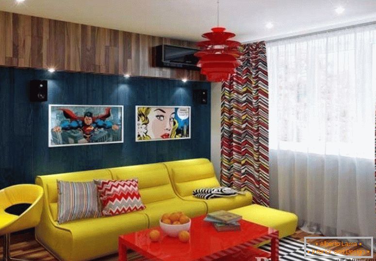 Комбинација жутог и црвеног намештаја у соби