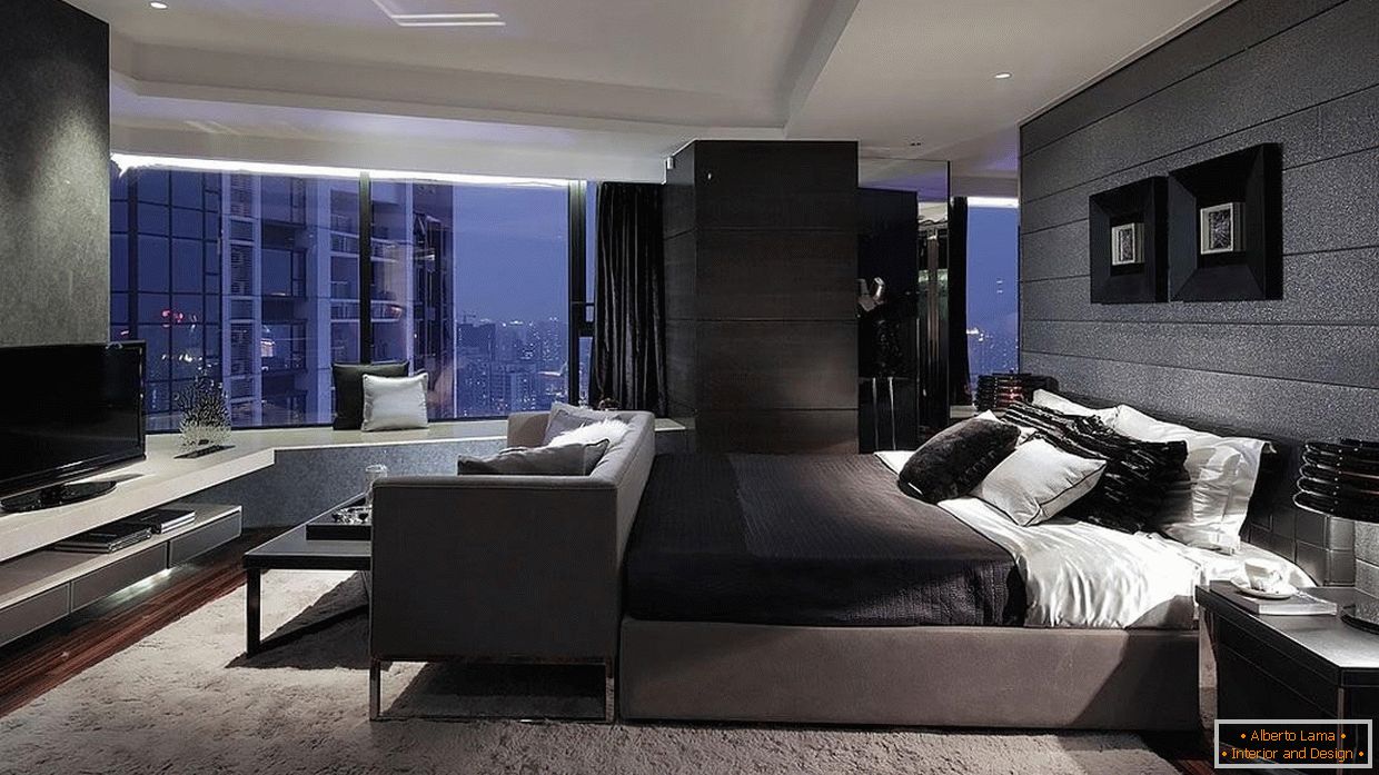 Високо технолошки стил у спаваћој соби са панорамским прозором