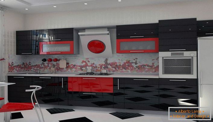 Комбинација богатог црвене и контрастне црне боје идеална је за украшавање кухиње у стилу Арт Ноувеау.