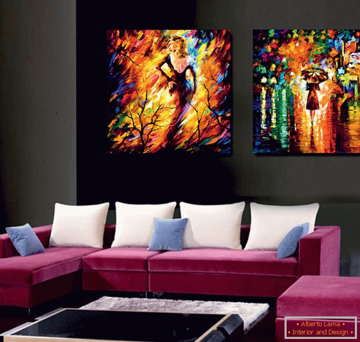 Модуларне слике имитирају слику уља. Светле, сочне боје разблажују дизајн собе, чине га необичним и ексклузивним. 
