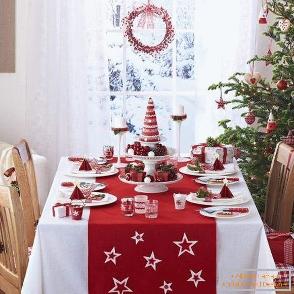 Декор Новогодишњег стола с властитим рукама у црвеној и белој боји