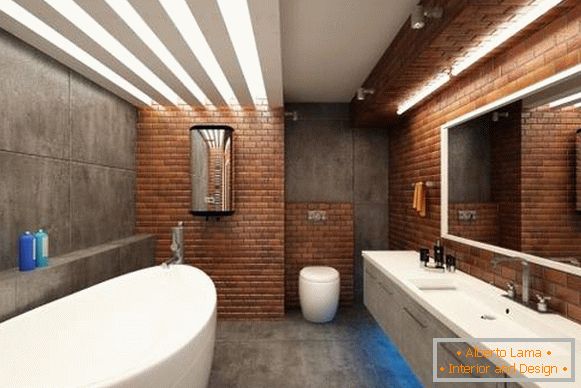 Плочица за цигле и бетон за купатило у стилу поткровља - фотографија