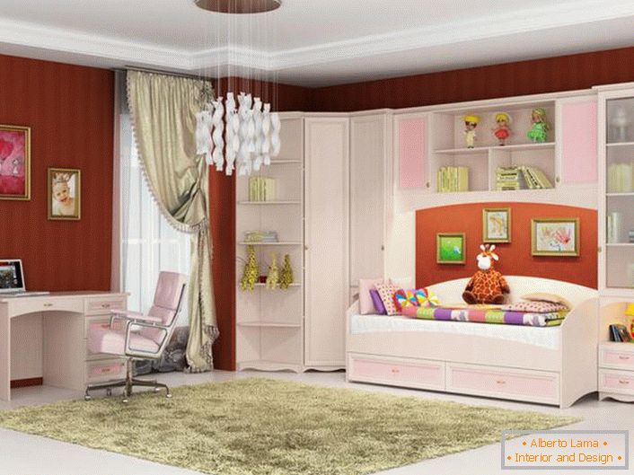 Стилизована соба за младу модну особу. Модуларни намештај за дјецу направљен је ружичастом и бијелом бојом - што вам је потребно за дјевојку.