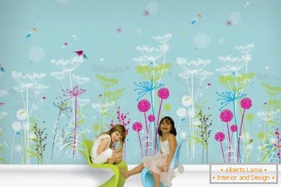 Дечији зидни папир за девојке - фото у плавој боји