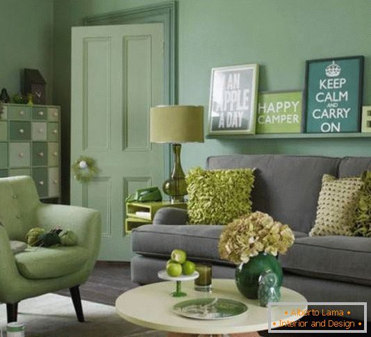 Елегантна дневна соба у зеленој и сивој