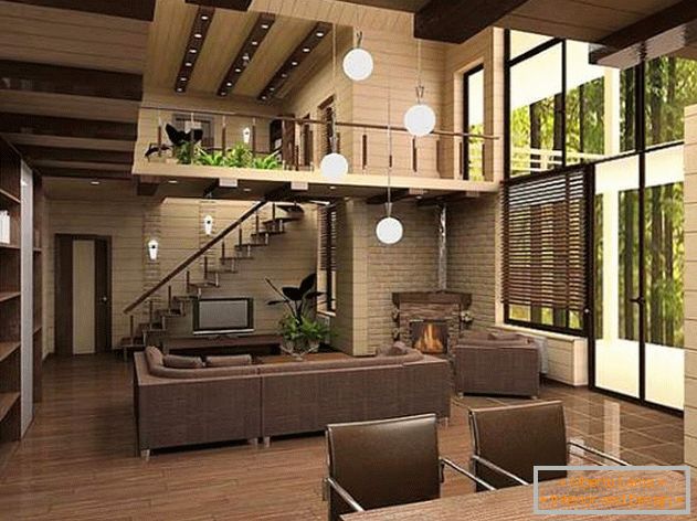 Унутрашњи дизајн дрвене сеоске куће из бара - фотографија унутар