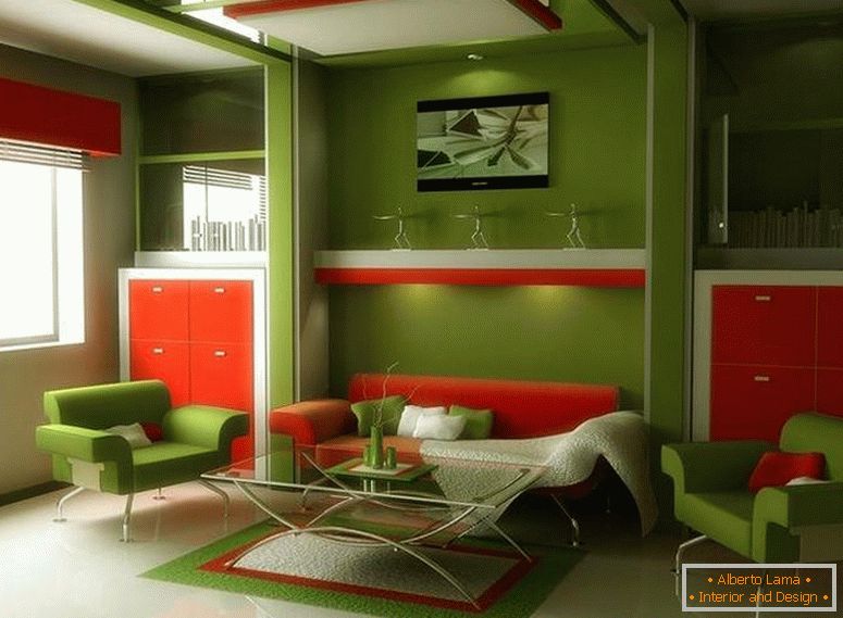 Зелени ентеријер са наранџастим намештајем
